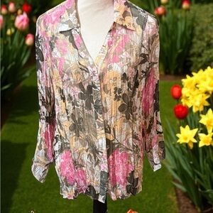 Coldwater Creek Floral Button-Down Shirt - Pink, Yellow, Gray